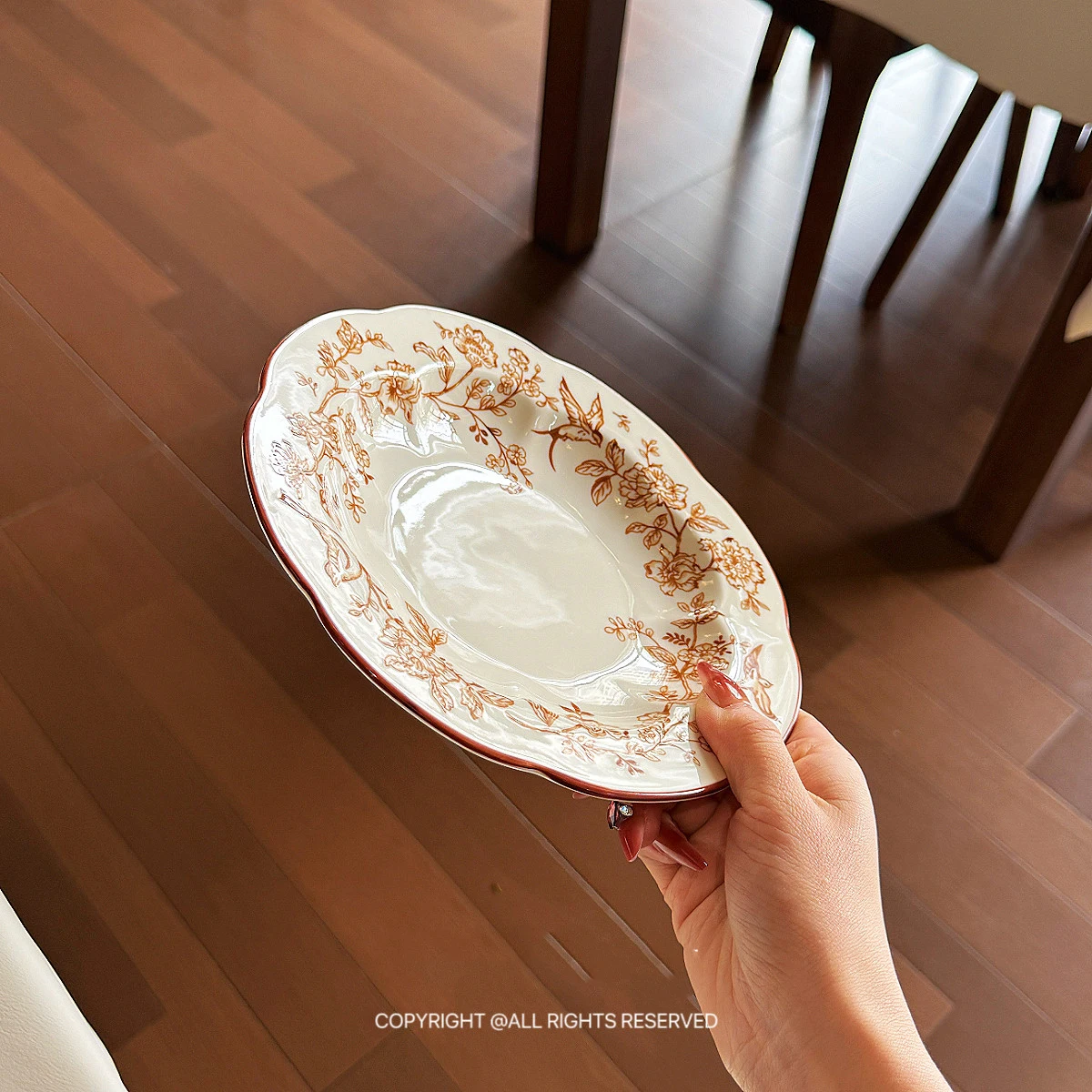 Vintage Floral & Bird Print Ceramic Plates Household 8 Inch Cream White Porcelain Dessert Plate High End Deepen Tableware