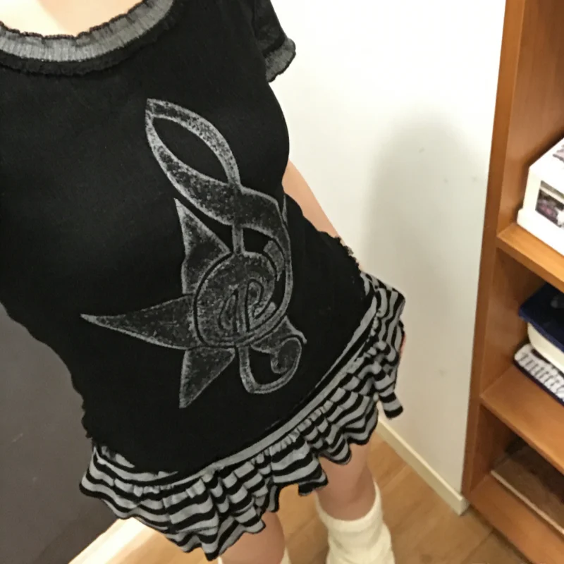 2026 Summer Japanese Korean Y2K Sweet Striped Contrast Mini Skirt Fashion All Match