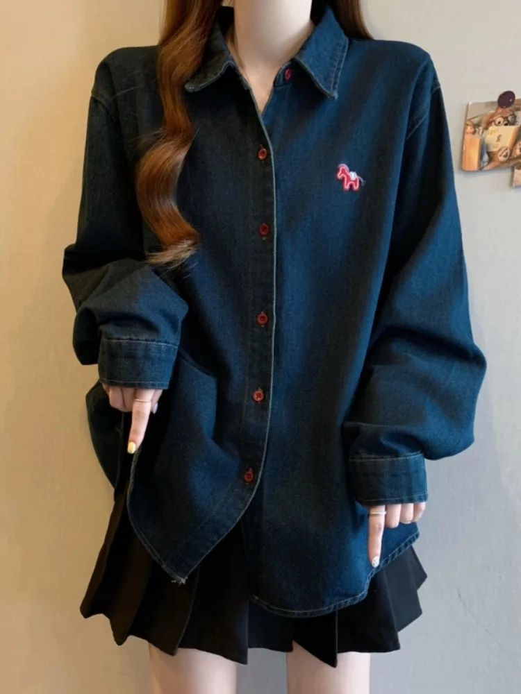 

plus Size Women's Embroidered Neck Denim Shirt Spring Loose Mid-Length Long Sleeve Korean Style Top Breathable Skin-Frie...