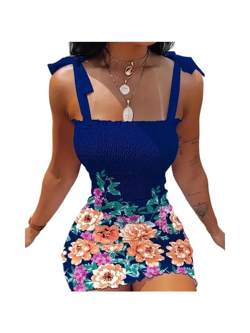 Women\'s Fashion New Floral Printed Halter Dress Casual One Neck Plunge Waist Tight Dress Knee-Length Dress