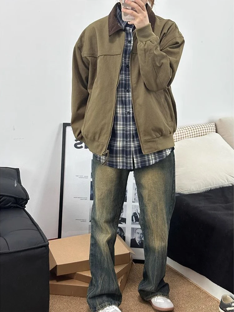 American Retro Short Jacket Men's Spring Autumn Trendy Brand Harlington Detroit Workwear Jacket Loose Fit Heat-Treated Polyes...