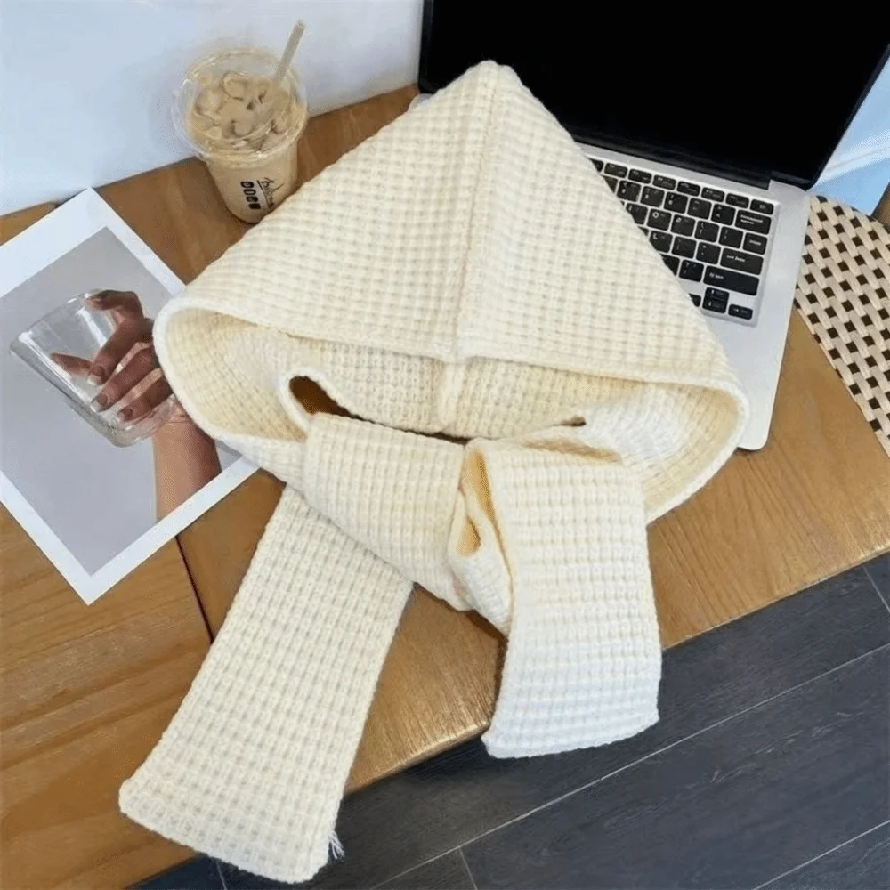 Acrylic Fibres Knitted Hooded Caps Soft Ear Protection Neck Collar Beanies Caps Embossing Korean Style Winter Neckerchief Hat