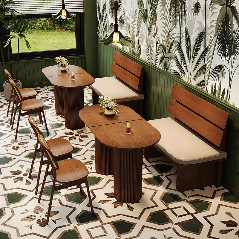 Customized solid wood card seat against the wall, catering reception table and chairs, milk tea shop, coffee shop, long sofa,