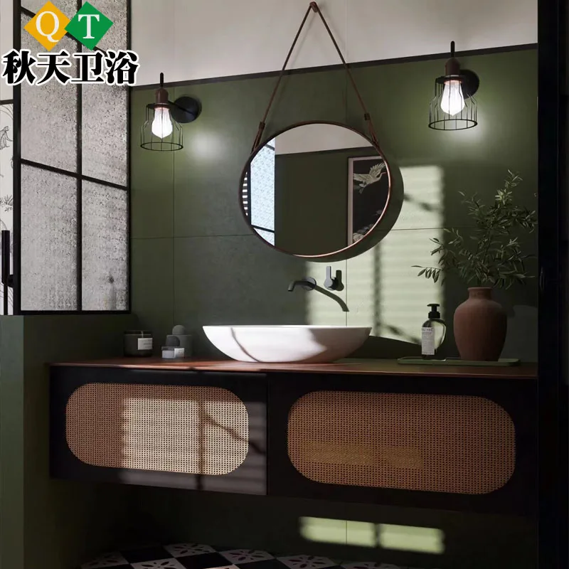 Armario de baño de madera maciza de pizarra, combinación de lavabo de baño de ratán retro negro inteligente