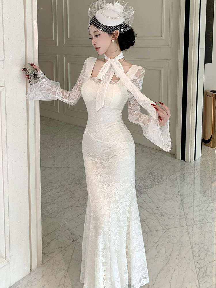Herbst Winter Weiße Spitze Jacquard Flare Hülse Langes Kleid Frauen Elegante Bogen Quadrat Kragen Prom Kleid 2025, Koreanische Luxus Vestidos