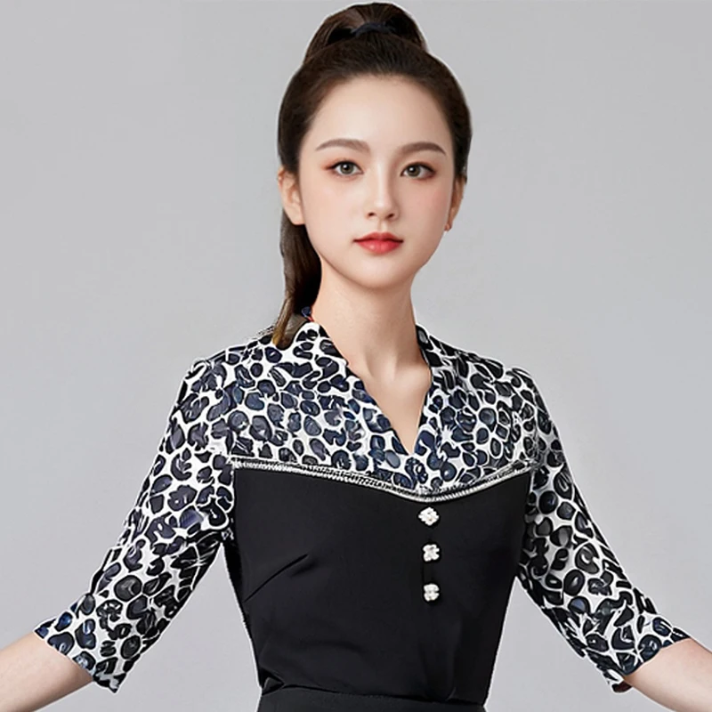Adultes manches courtes haut de danse latine femmes vêtements de danse moderne femme léopard salle de bal haut de danse vêtements de pratique DW10811