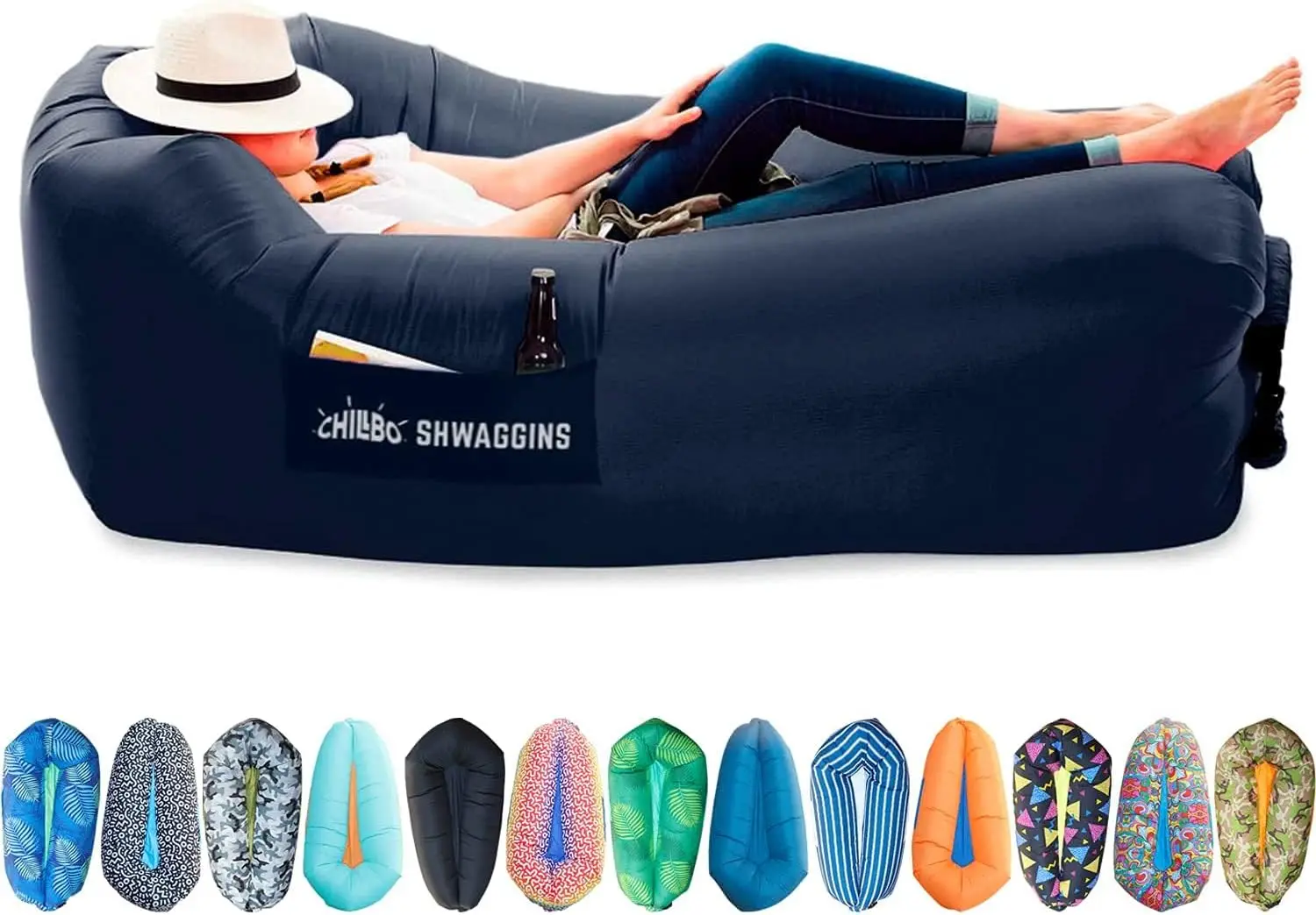 Inflatable Lounger with No-Pump Setup, Ripstop Polyester, Stability Pegs, Fun Prints for Beach, Camping, Festivals