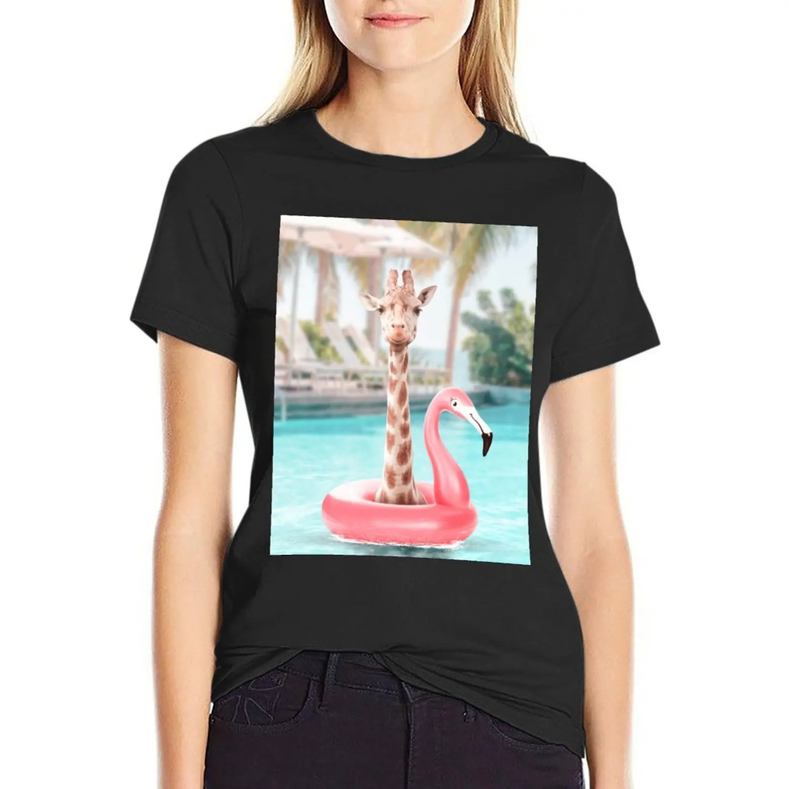 Giraffe in a swimming pool T-Shirt summer tops Aesthetic clothing T-shirt Women