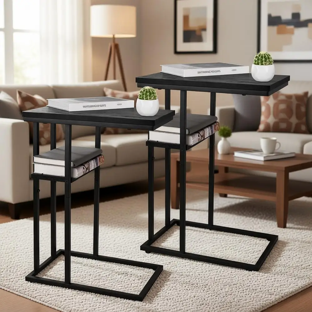 

Набор из 2-х C-образных приставных столиков, боковые столики для гостиной, придиванные столики с металлическими ножками, деревенские столики для закусок для небольших помещений