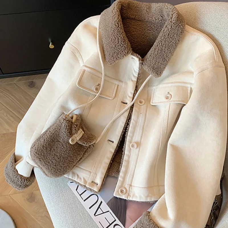

Korean Style Lamb Wool Coats Stylish Turn Down Collar Jacket For Women High-end Apricot Colour Classic Daily Commuter Coat