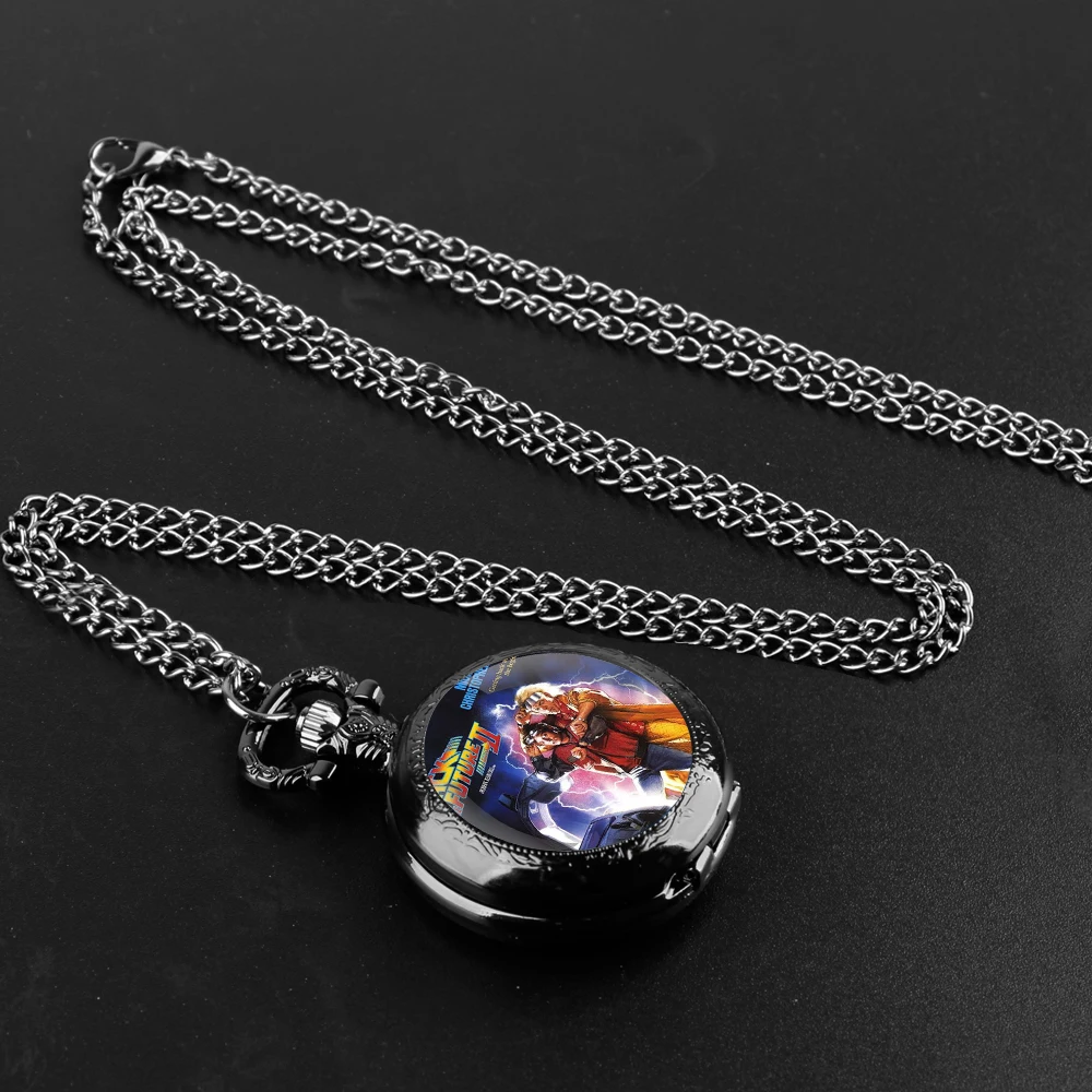 Back to The Future Vintage Glass Dome Pocket Watch with Chain Necklace Vintage Quartz Pendant Watches Clock Chain Mens Women
