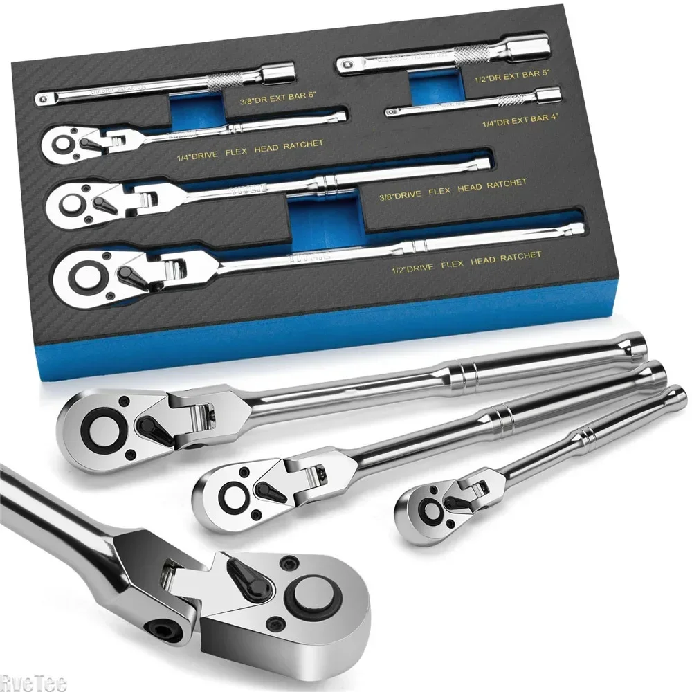 

1/4" 3/8" 1/2" Drive Swivel Head Ratchet Wrench with Extension Bar 6 Pcs Flex Head Ratchet Set 72 Tooth 180° Adjustable