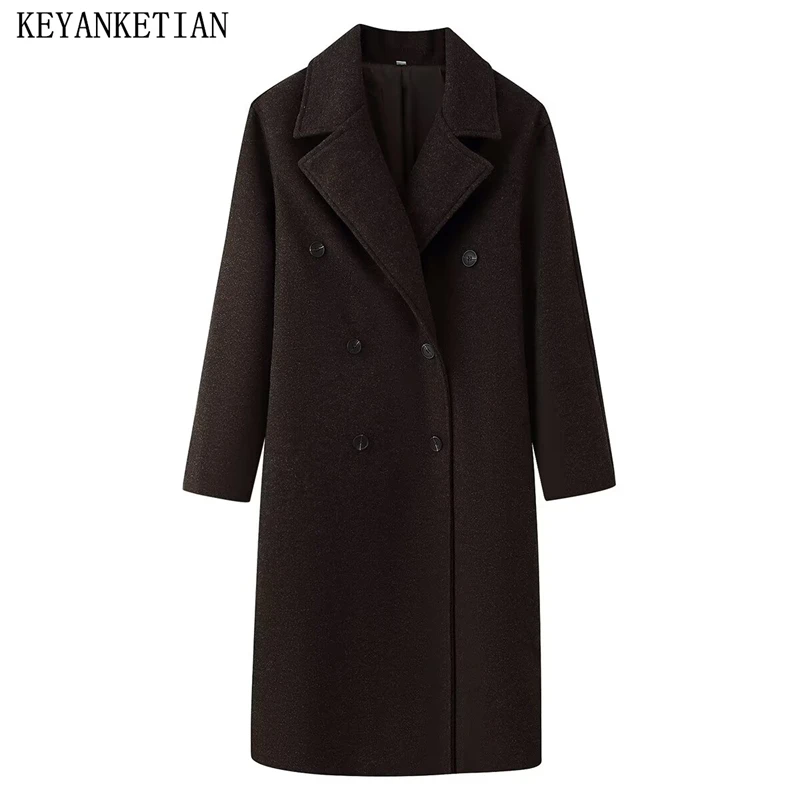 

KEYANKETIAN Autumn And Winter New Women's Collar Straight Tube Blended Double Row Button Woolen Long Coat Jacket for Women