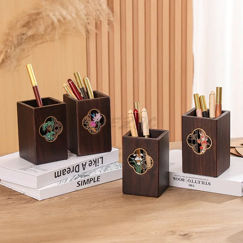 Multi Functional Solid Wood Pen Holder Chinese Style Retro Wooden Pen Holder Desktop Decoration Storage Box Business Gift
