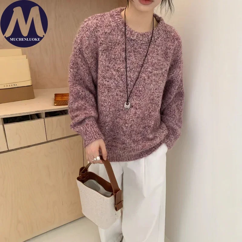 

Корейский модный женский вязаный свитер с длинным рукавом и круглым вырезом, осень-зима, ленивый стиль, повседневный свободный толстый теплый пуловер