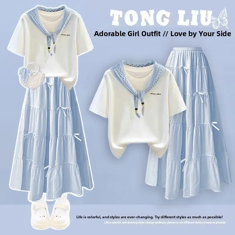 

Girls Summer Thickened Short Sleeve T-Shirt And Scarf Beaded Heavy Work Slim Fit Fashionable Skirt Two Piece Set Breathable C...