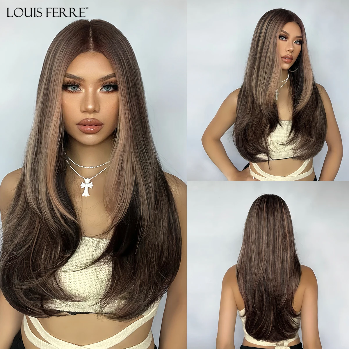 

Коричневые блики, длинные волнистые парики, натуральная средняя часть, искусственные волосы, термостойкие для женщин, повседневный косплей, вечерние, синтетический парик