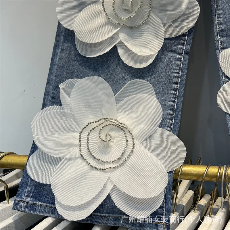 2026 New Autumn Diamonds 3d Flower Loose Women Jeans All-match Drawstring Elastic Waist Floor-length Casual Denim Straight Pants