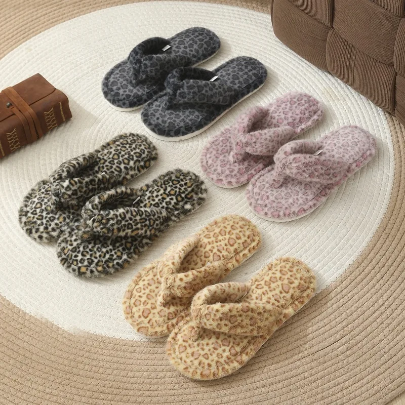 Modische, flauschige Flip-Flops mit Leopardenmuster für Damen, Herbst- und Winterschuhe, warme, weiche Hausschuhe mit Plüschfutter und EVA-Sohle, Mädchen-Hausschuhe aus Baumwolle. – Detail 11