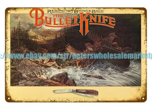 1980s Remington Bullet Knife hunter moose boat metal tin sign indoor wall decor sign
