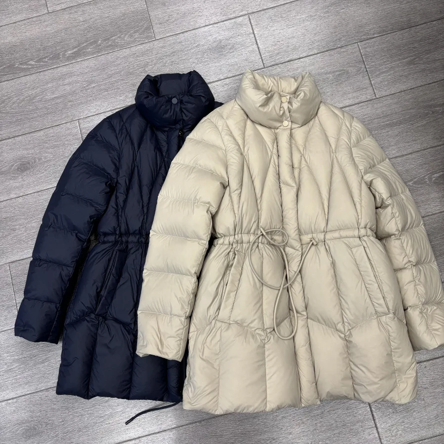 

Winter New White Duck Down Jacket Thermal Drawstring Waist-Adjustable Puff Jacket Medium-Long Down Parka Women