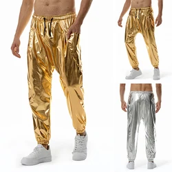 Men's Metal Shiny Jogging Pants Night Club Disco Party Elastic Pants Gold Silver