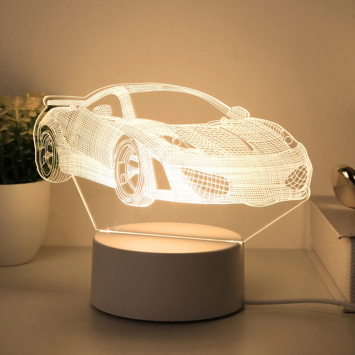 Cool 3D sports car night light, USB warm color light, home office study bedroom desktop decoration atmosphere light, gift light