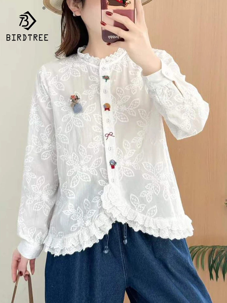 

New 2026 Spring Cotton Long Sleeve Shirt, Women Stand Embroidery Ruffles, Mori Girl French Preppy Style Loose Blouse T61318CC