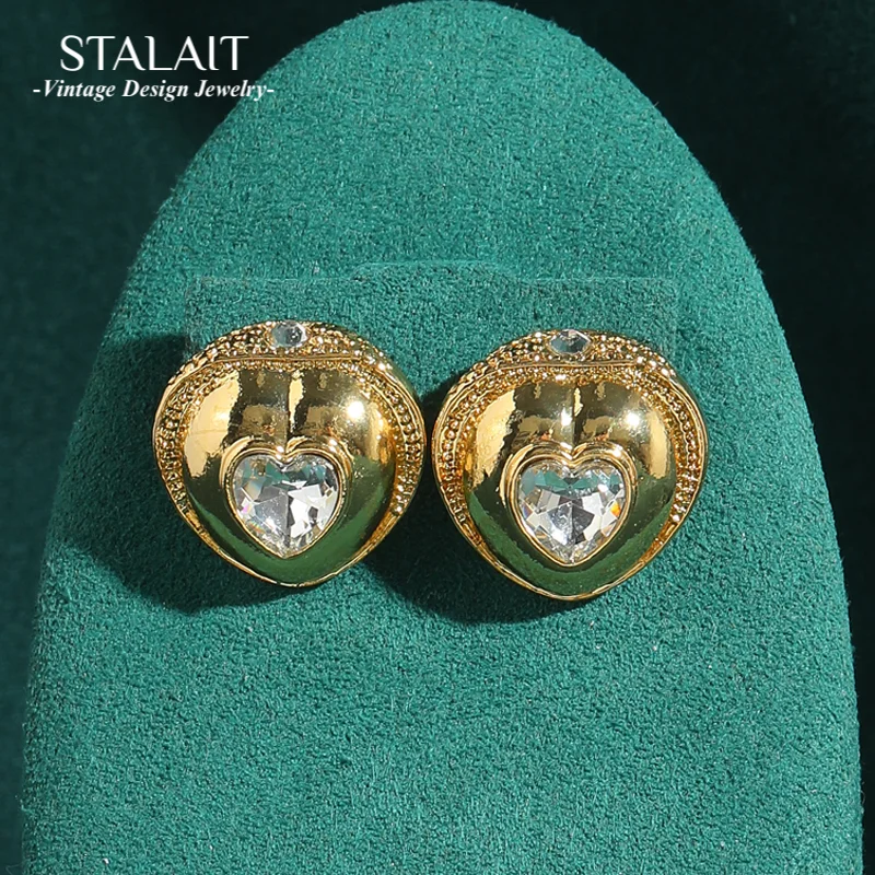 

Vintage Heart Crystal Earrings Luxury Designer Stud Woman Gold Color Wedding Bridal Accessories Dubai Jewelry Valentine Day Gift