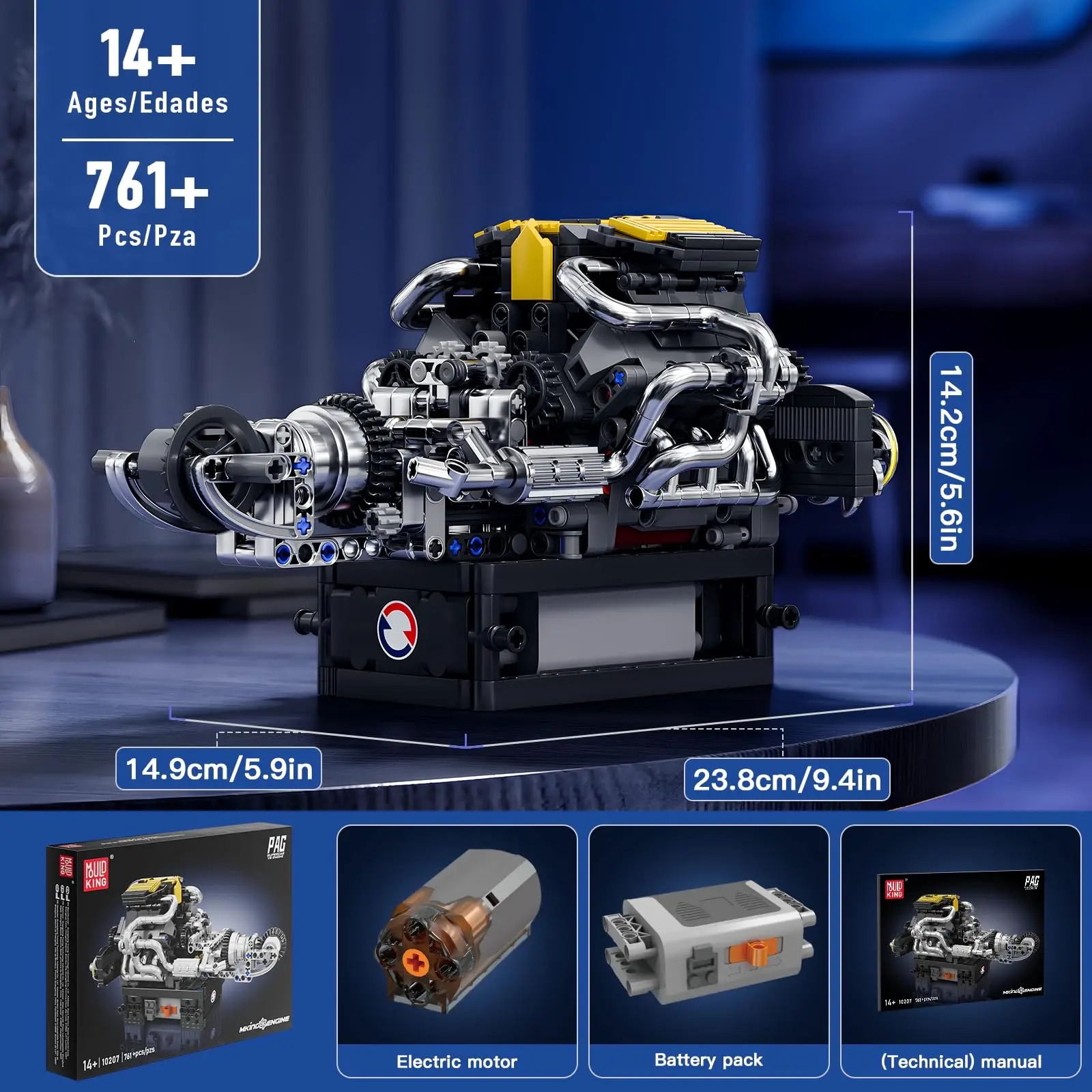 Kit de construção de motor MK 10207 V12 e V8 com modelo STEM de trabalho de motor para adultos e adolescentes 14 +, kit de engenharia mecânica DIY (761 peças