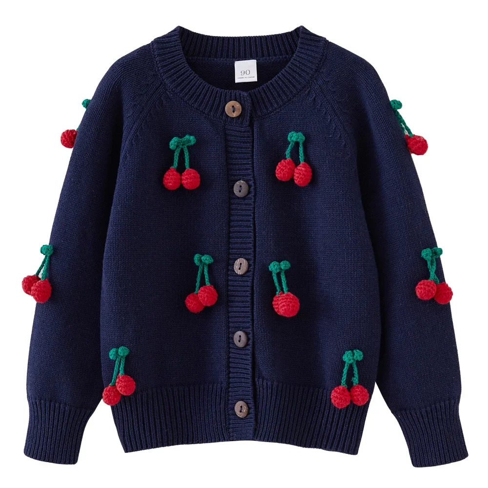 Childrens Sweaters Spring and Autumn 2024 Hand Hook Cherry Girls\' Knitted Cardigan Cotton Round Neck Childrens Sweater