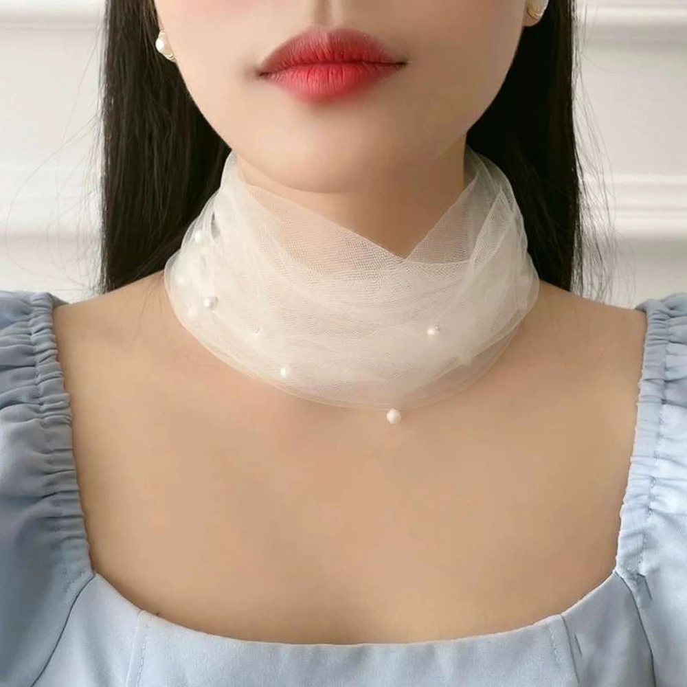 Women Scarf Ruffle Neck Cover Bib Headband Thin Sunscreen Scarves Mesh Fake Pearl Collar Scarf Organza Elastic Small Neckerchief