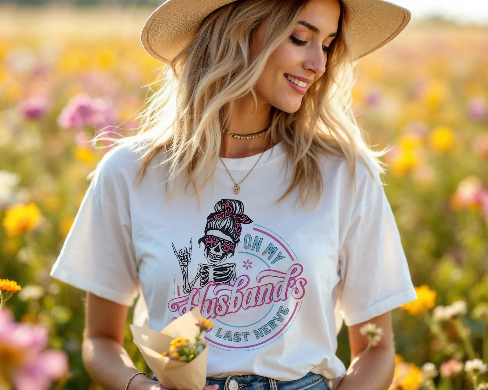 Funny Skeleton Wife T-Shirt – On My Husband’s Last Nerve Graphic Tee A219