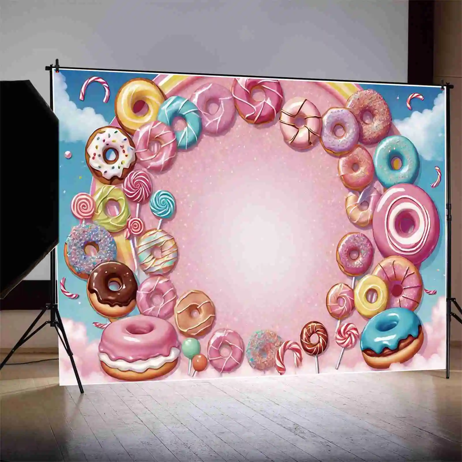 MOON.QG Sweet Candy Bar Birthday Backdrop Children Watercolor Pink Doughnut Background Customized Party Photocall Accessories