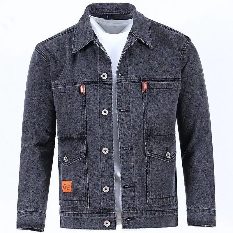 Men's Workwear Denim Jacket Spring Autumn Winter Large Size Trendy Brand Youth Versatile Jacket Long Sleeve Button Decor