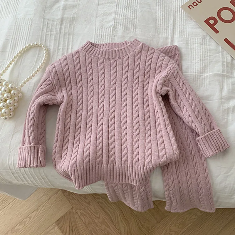 2024 Autumn Spring Kids Knitted Clothing Set Long Sleeved Solid Color Pullover Sweater+Pants Korean Style Baby Girl Clothes Suit