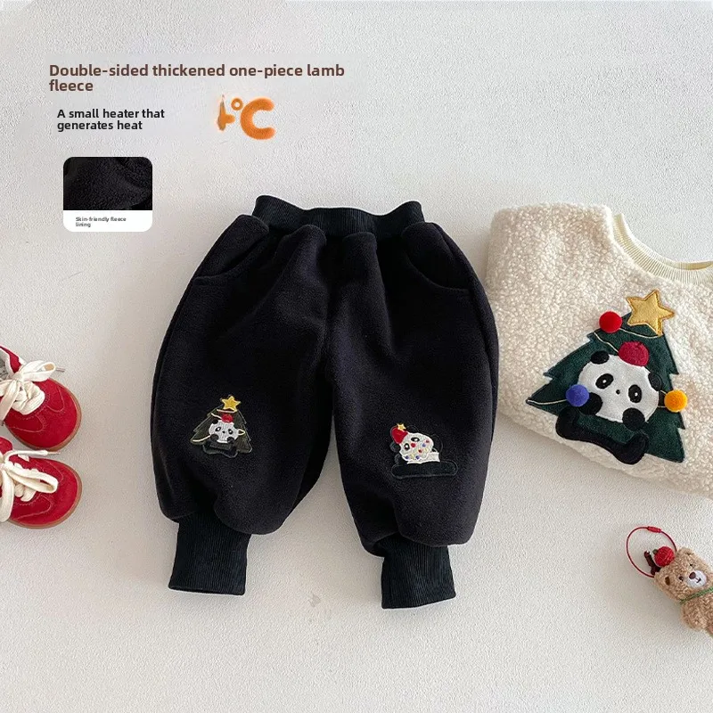 Children's Christmas with Velvet Pants 2025 New Winter Girls' Panda Health Pants New Year's Outerwear Boys' Olympic Velvet Pants