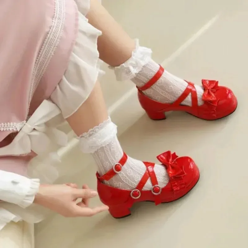 Wiosenne damskie szpilki Mary Jane na platformie, czółenka na imprezę, ślub, białe, różowe, sznurowane, z kokardą, księżniczka, cosplay, letnie buty Lolita, 2025