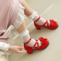 2025 Spring Women High Heels Mary Jane Pumps Party Wedding White Pink String Lace Bow Princess Cosplay Summer Lolita Shoes