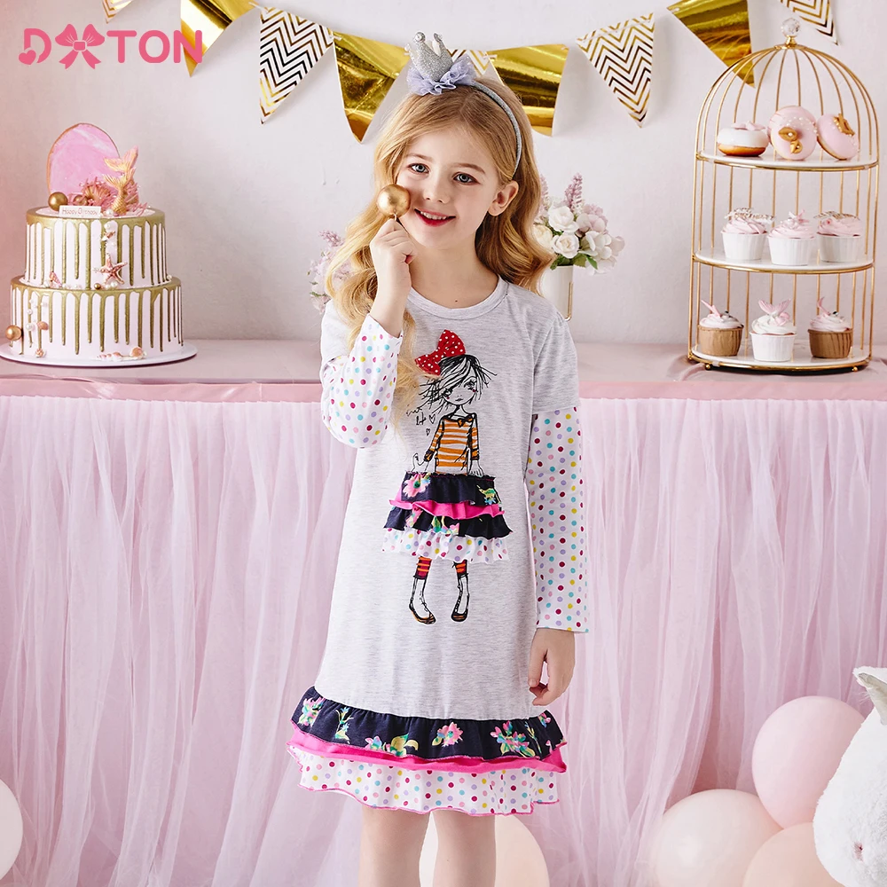 DXTON Girls Cotton Casual Daily Dress Kids Cartoon Polk Dot Print Dresses Girls Long Sleeve Autumn Fall Spring Clothes 3-12 Yrs