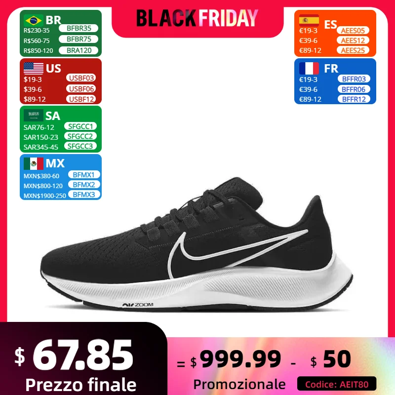 Nike Air Zoom Pegasus 38 Original Low Top Men's and Women's Casual Running Shoes Black and White Colorway