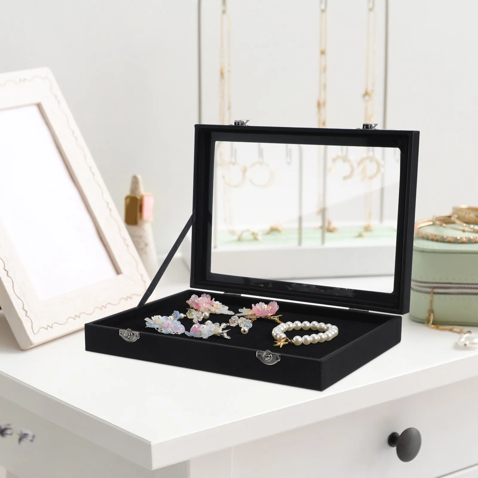 Caja de exhibición de medallas de PU y vidrio, estuche de almacenamiento multifuncional, soporte de exhibición de escritorio para pines, insignias, broches y joyas