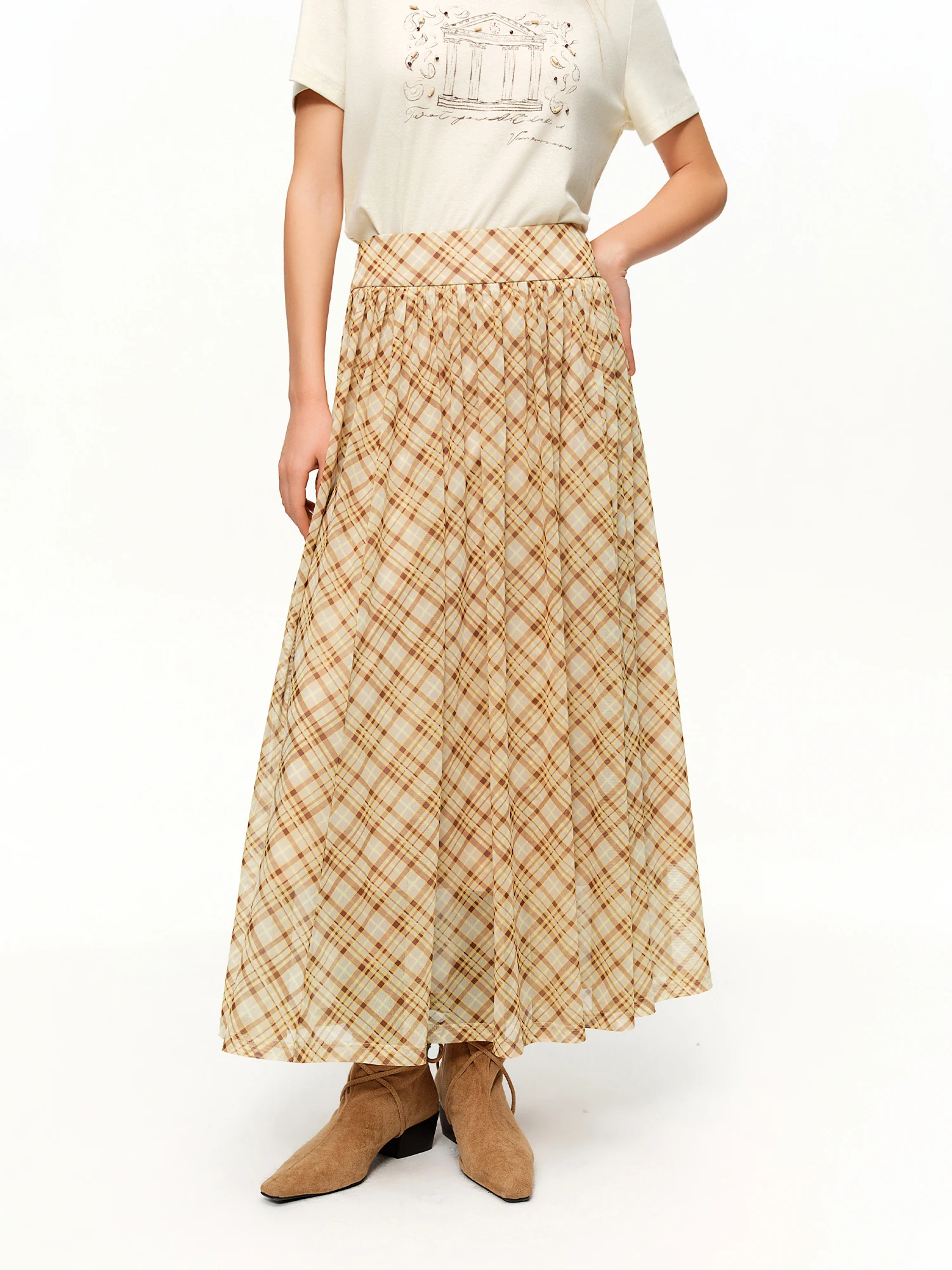 DUSHU Brown Retro Plaid Mesh Midi Skirt 2026 Spring New Arrival Fashionable Long A-line Skirt Romantic Holiday Urban Style