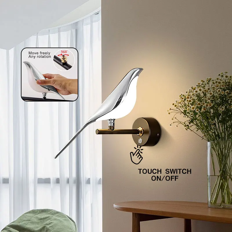 360° Rotatable Magpie Bird Wall Light Touch Switch Wall Sconce For Kitchen Corridor Bedside Nordic Golden Silver LED Wall Lamps