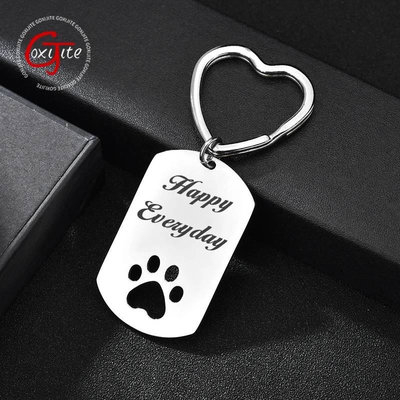 Goxijite Engrave Name Keychain Stainless Steel Carved Text Symbols Hollowed Out Dog Paw Keychains Jewelry Daily Friends Gift