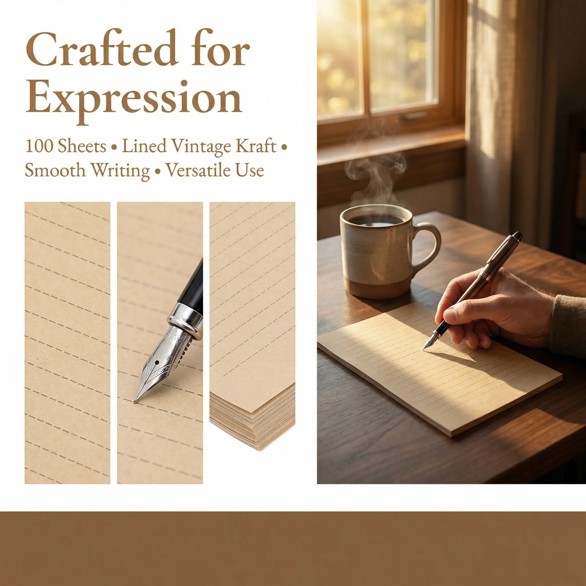 100Sheets Vintage Lined Kraft Letter Paper Retro Writing Set Letter Paper for Calligraphy Notes Vintage Lined Stationary