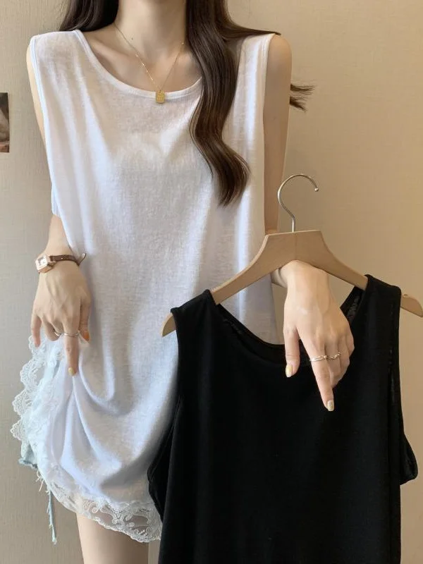 Elegant Lace Trim Camisole Tank Top plus Size Loose Meat Concealing Mid-Length Women's Shirt Ins Style Casual Summer Wear