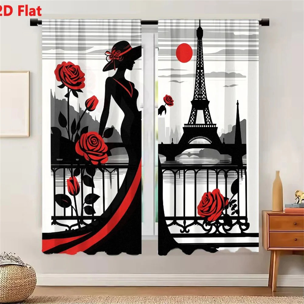 2Pcs Curtains Silhouette Woman In Paris With Eiffel Tower Red Rose Art Print Window Drapes for Bedroom Room Decor Decoration Win