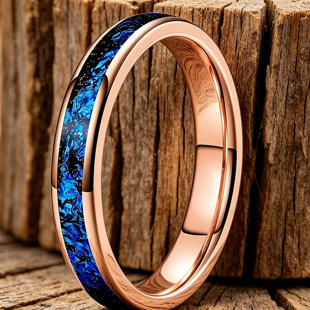 4mm Wolframcarbid-Eheringe mit blauer Folien-Einlage für Männer und Frauen, trendiger Verlobungsschmuck, poliert, glänzend, bequeme Passform – Detail 6