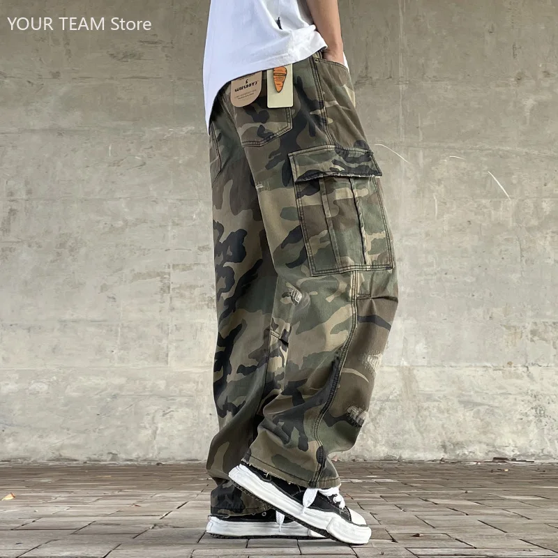 Street Retro Loose Straight Camo Cargo Pants ForMen HiphopStreetwear Heavy Washed Handmade Patch DistressedTrendy Military Pants